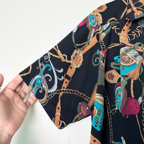 Alfred Dunner VINTAGE black Equine harness belt button down blouse Size 12 - Picture 5 of 6